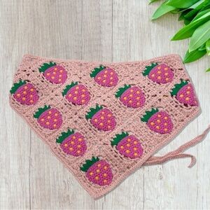 New Handmade Crochet Knitted Pink Strawberries Triangle Headband One Size